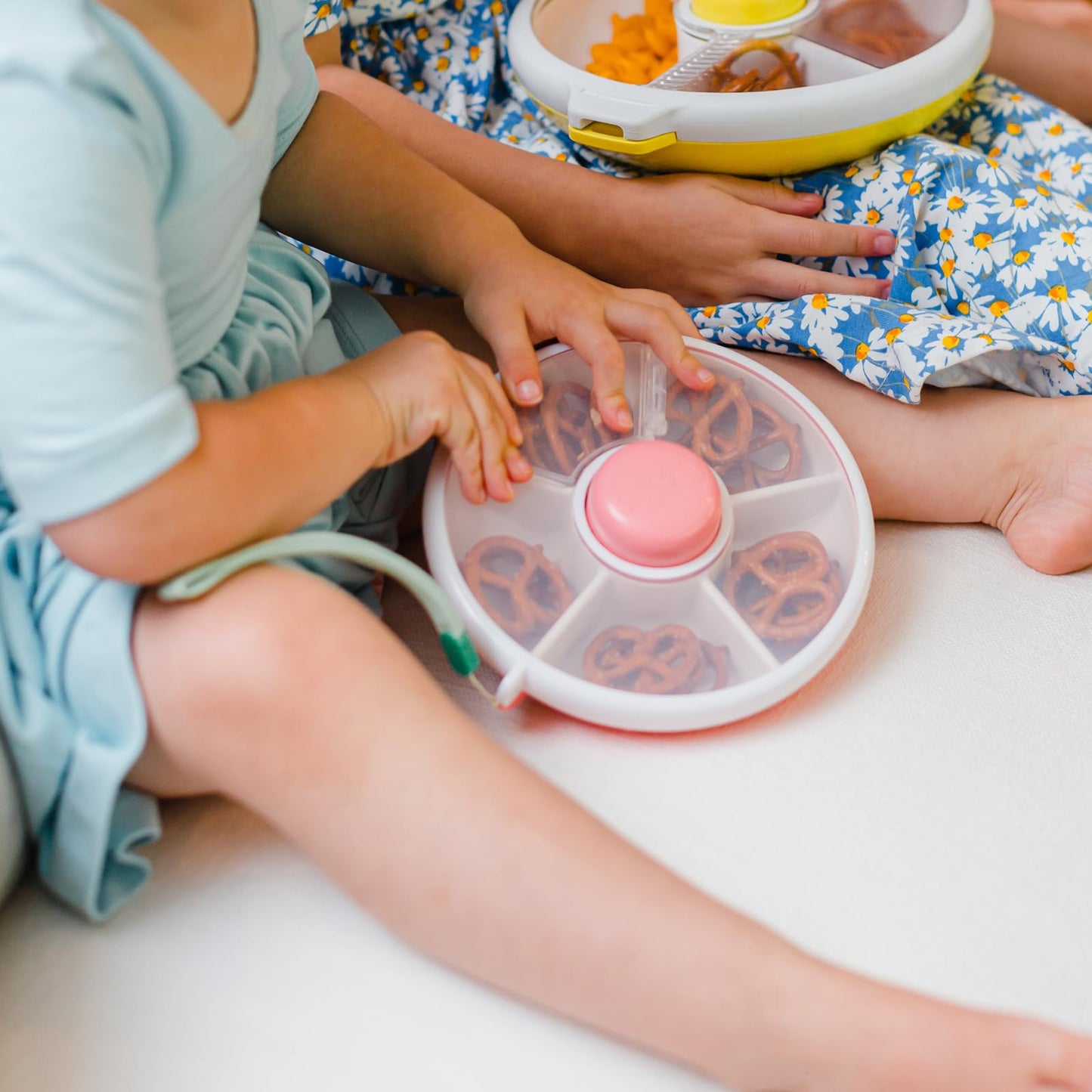 GoBe Kids Snack Spinner Bundle with Hand Strap and Sticker Sheet - Reusable Snack Container with 5 Compartment Dispenser and Lid | BPA and PVC Free | Dishwasher Safe | No Spill, Leakproof