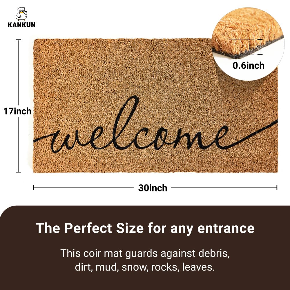 KANKUN Coco Coir Door Mat with Heavy Duty Backing, Welcome Doormat (17" x 30"), Doormat Entrance (Cursive Welcome)