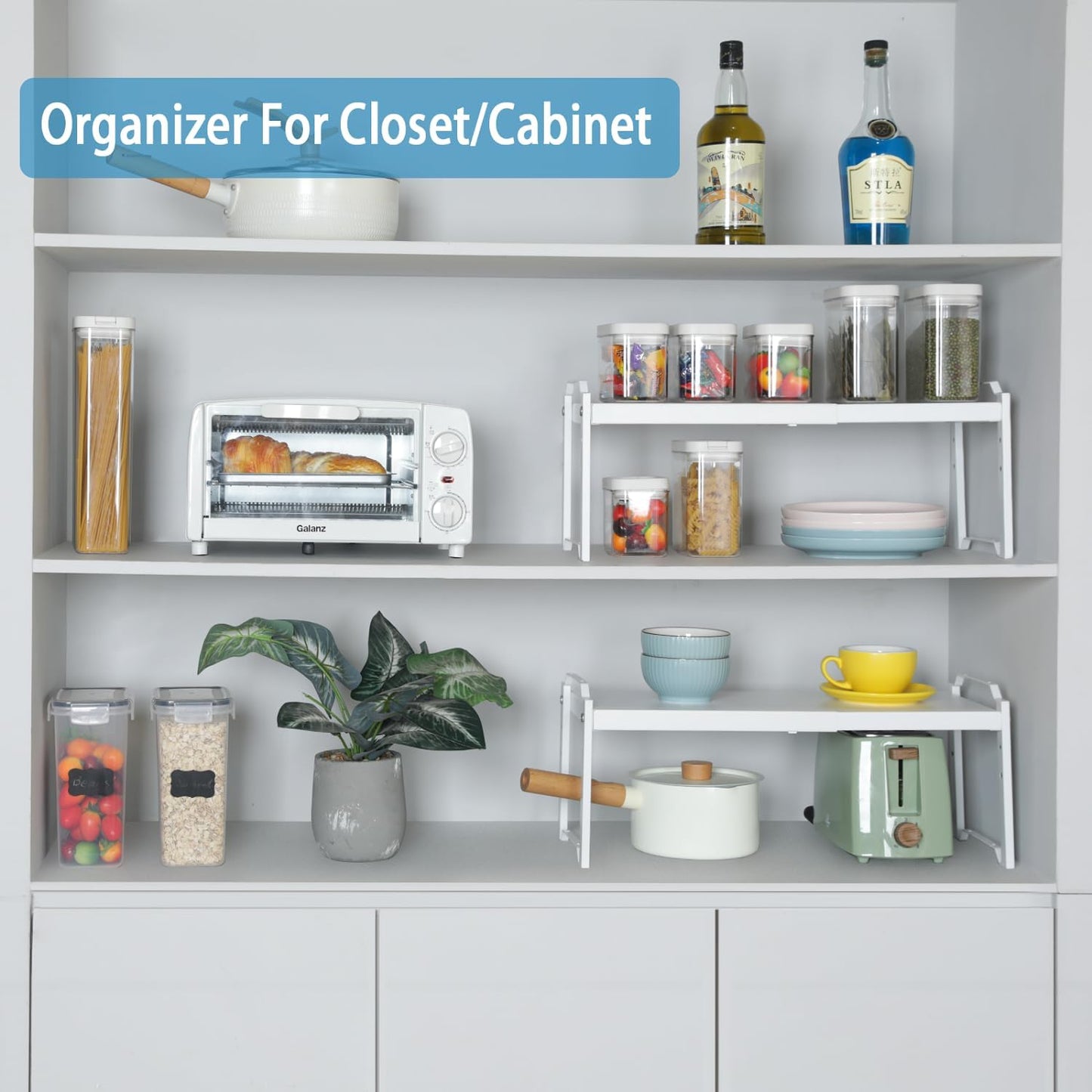 2 Pack Kitchen Cabinet Organizer Shelf, Stackable Expandable Shelves Organizers For Kitchen Cabinet Countertop Storage, Adjustable Counter Cupboard Pantry Organizer Shelf Rack Stand, Length:20.5