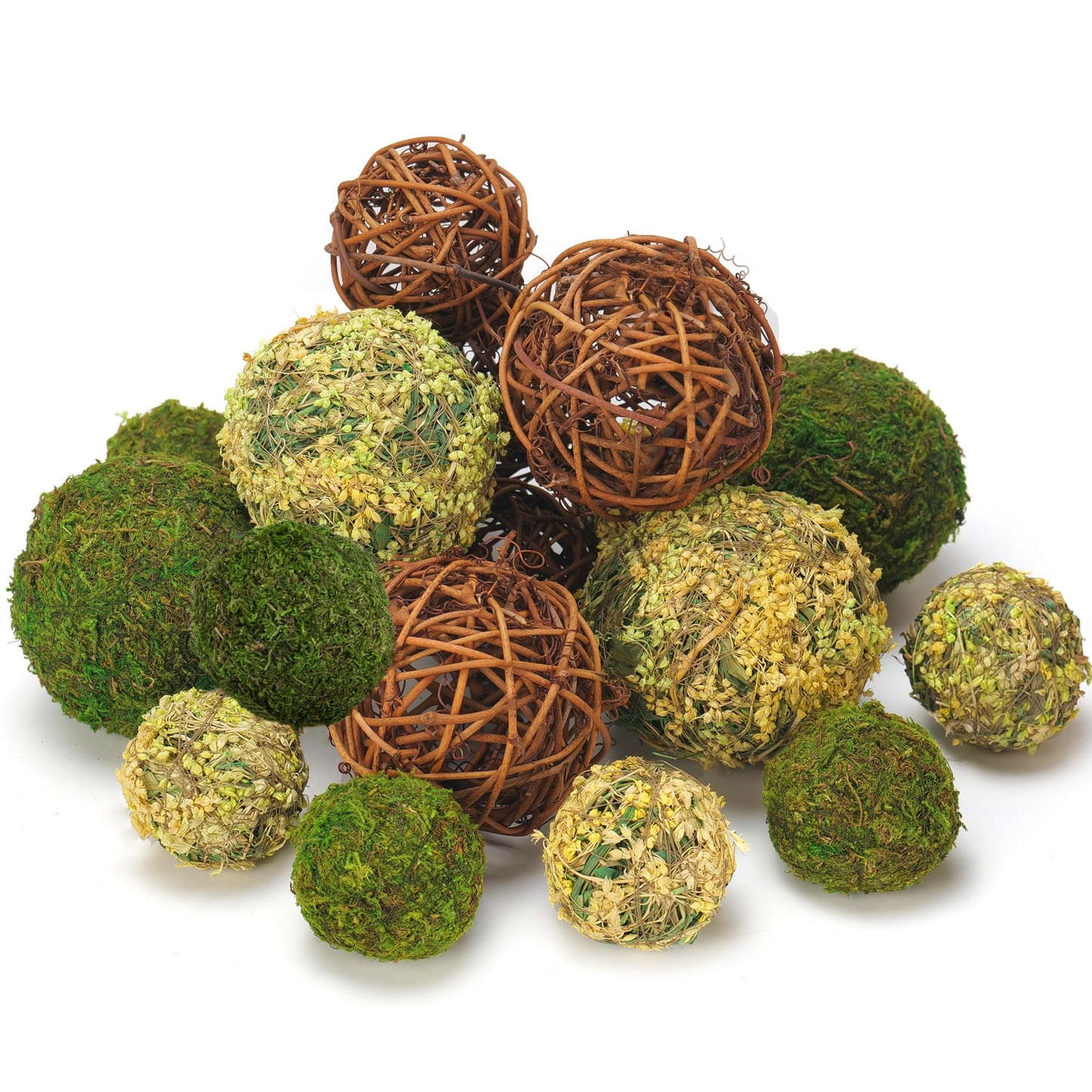 BYHER Decorative Balls for Centerpiece Bowls, 18pcs Fake Moss Balls + Wicker Rattan Balls Set Vase Bowl Filler for Home Garden Wedding Party Decor (Fresh Green + Rustic Brown)