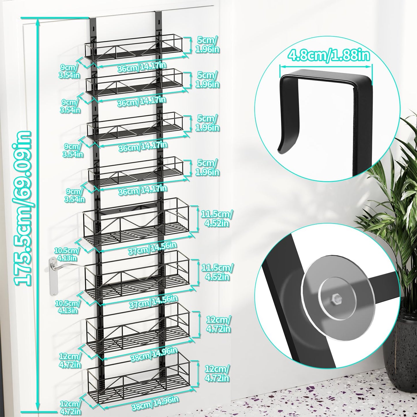 HapiRm Over the Door Pantry Organizer, 8 Tier Adjustable Metal Spice Rack Shelf, Hanging Over Door Storage Organizers for Kitchen Pantry (Black)