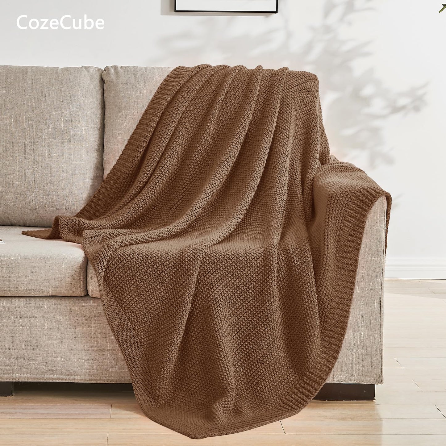 CozeCube Caramel Brown Throw Blanket for Couch, Soft Cozy Cable Knit Throw Blanket for Bed Sofa Living Room, Lightweight Warm Farmhouse Christmas Knitted Throw Blanket, 50"x60", Light Brown