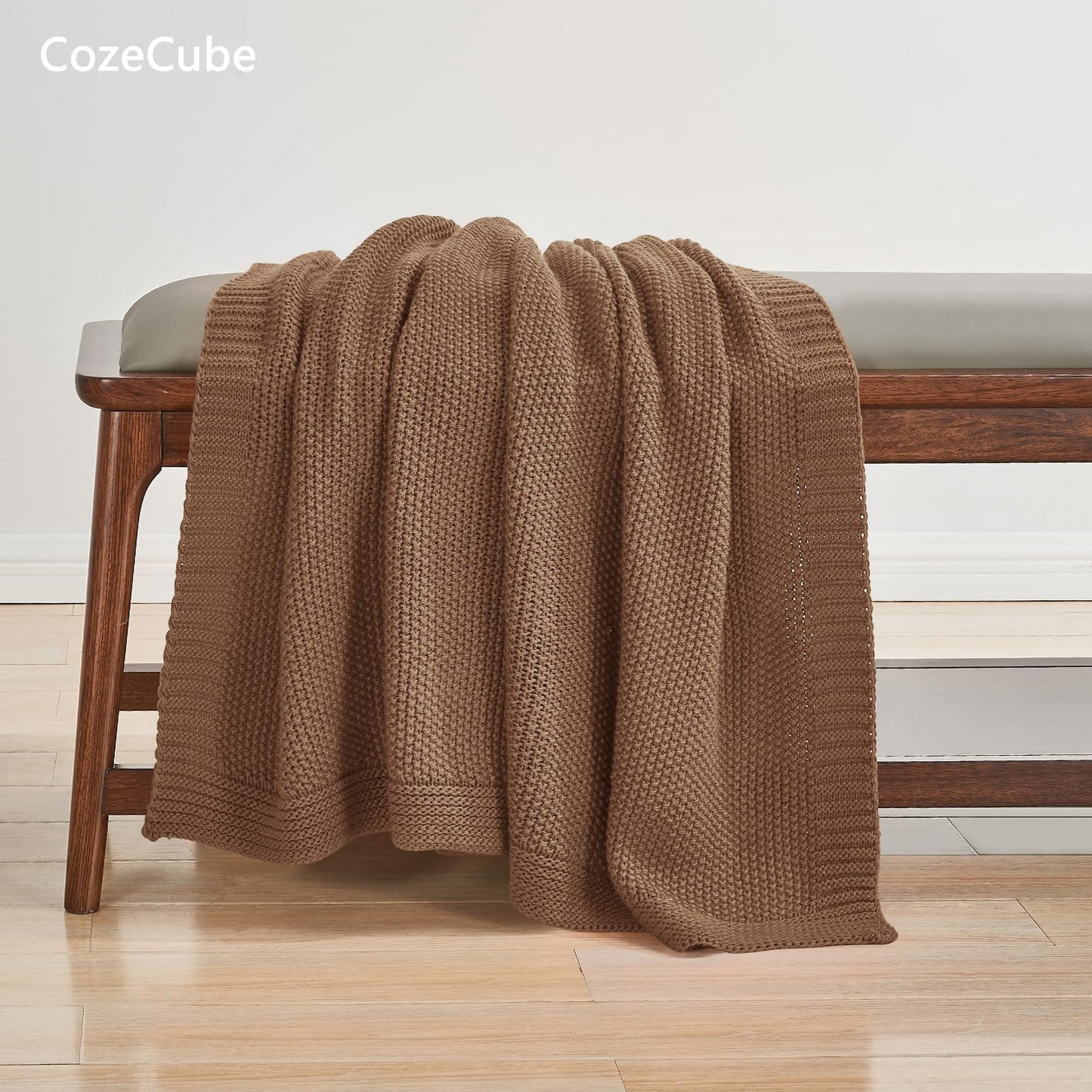 CozeCube Caramel Brown Throw Blanket for Couch, Soft Cozy Cable Knit Throw Blanket for Bed Sofa Living Room, Lightweight Warm Farmhouse Christmas Knitted Throw Blanket, 50"x60", Light Brown