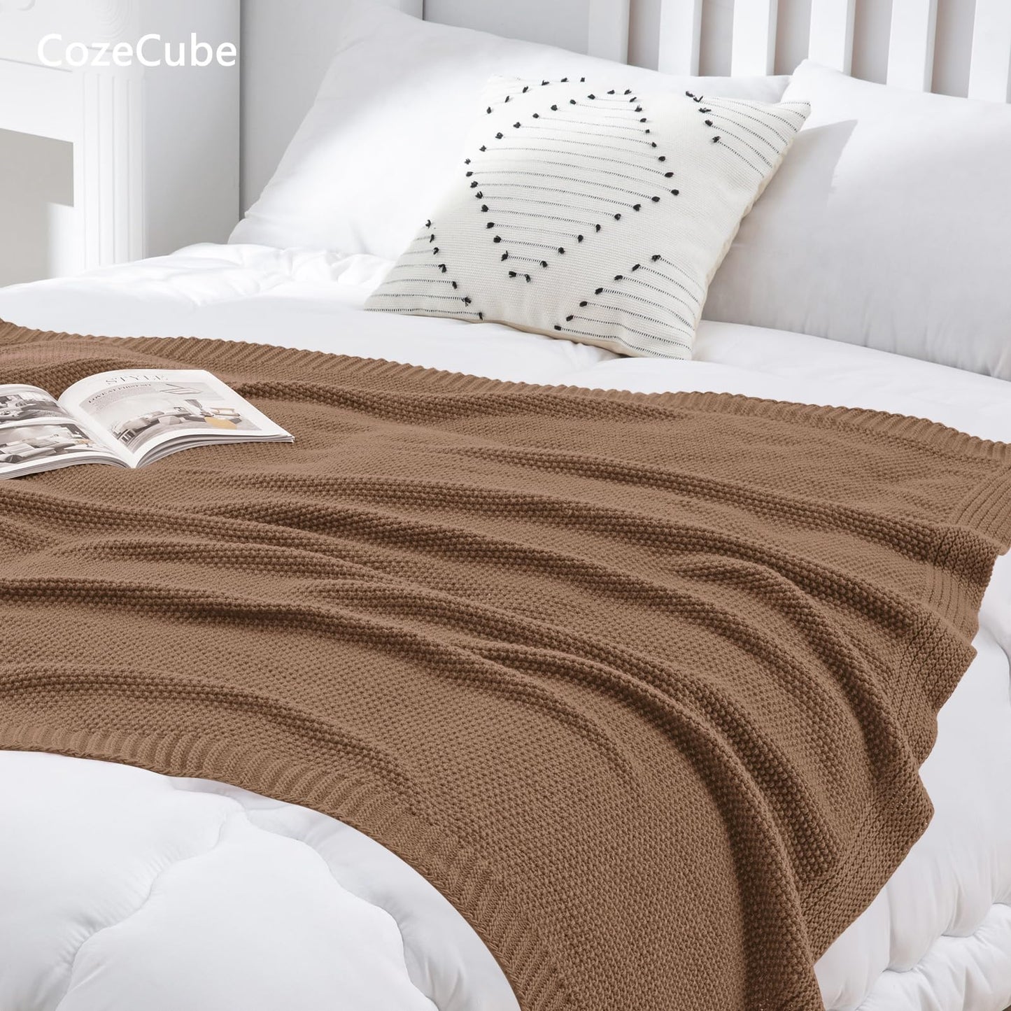 CozeCube Caramel Brown Throw Blanket for Couch, Soft Cozy Cable Knit Throw Blanket for Bed Sofa Living Room, Lightweight Warm Farmhouse Christmas Knitted Throw Blanket, 50"x60", Light Brown