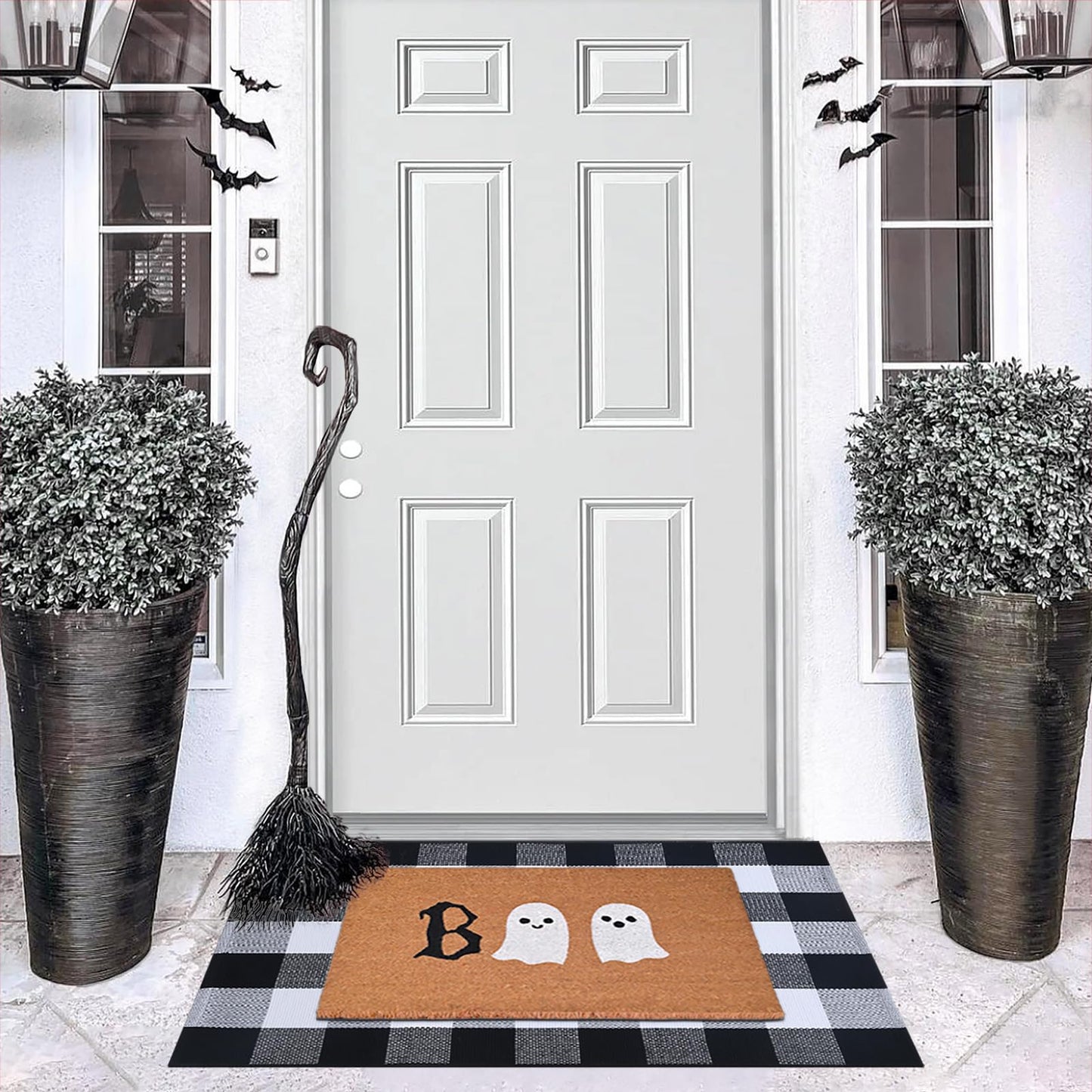 Halloween Door Mat Combo Set, Boo Ghost Coco Coir Welcome Doormat + 28" x 43" Black and White Plaid Rug, Autumn Halloween Front Porch Entryway Decor Floor Mat