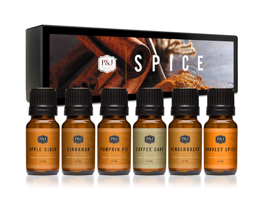 P&J Trading Spice Set of 6 Premium Grade Fragrance Oils - Cinnamon, Harvest Spice, Apple Cider, Coffee Cake, Gingerbread, Pumpkin Pie - 10ml