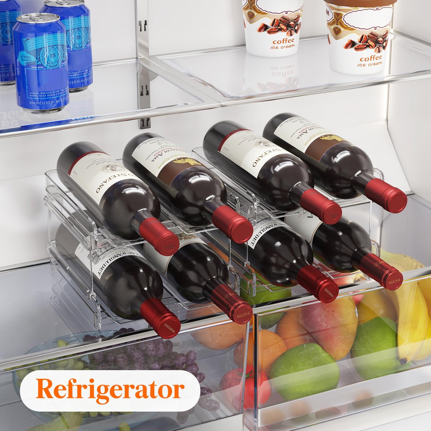 Lifewit Plastic Stackable Wine Rack for Refrigerator, Cabinet, Countertop,Wine Bottle Holder, Water Bottle Organizer for Fridge, Pantry, Hold 4 Bottles