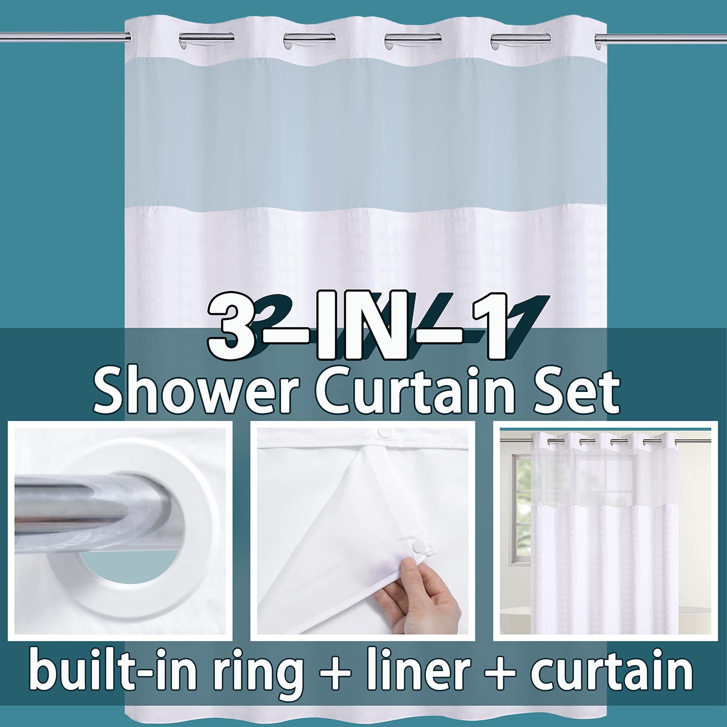 Conbo Mio Hotel Grade Fabric Shower Curtain with Snap in Liner for Bathroom with See Through Top Window, Spa, Machine Washable, Shower Curtain (Check-White,71Wx74H)