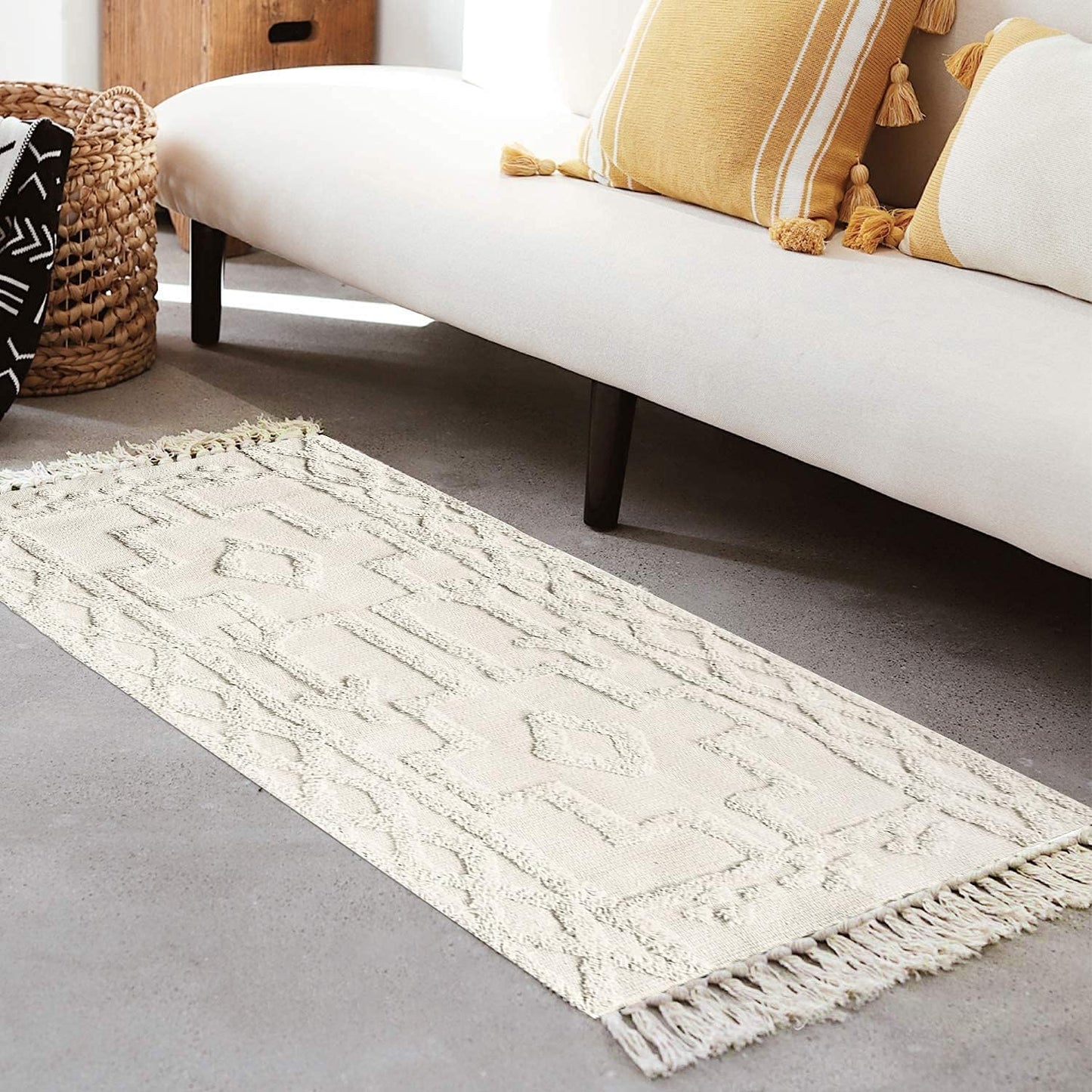 Uphome Boho Bathroom Runner Rug 2' x 4.3', Washable Woven Cotton Bedroom Rug Runner, Beige Aesthetic Tufted Entryway Runner Rugs, Bohemian Tribal Throw Rug for Bedside Living Room Laundry Kitchen