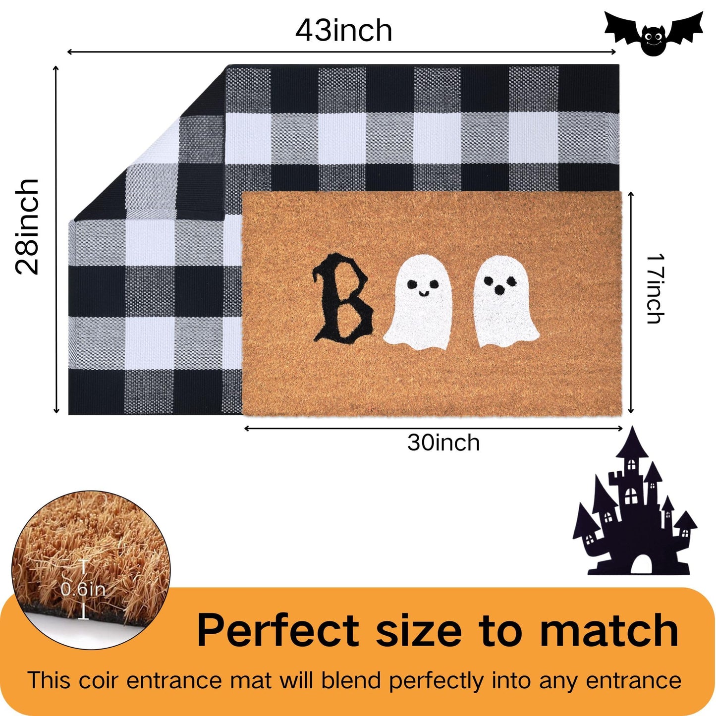 Halloween Door Mat Combo Set, Boo Ghost Coco Coir Welcome Doormat + 28" x 43" Black and White Plaid Rug, Autumn Halloween Front Porch Entryway Decor Floor Mat