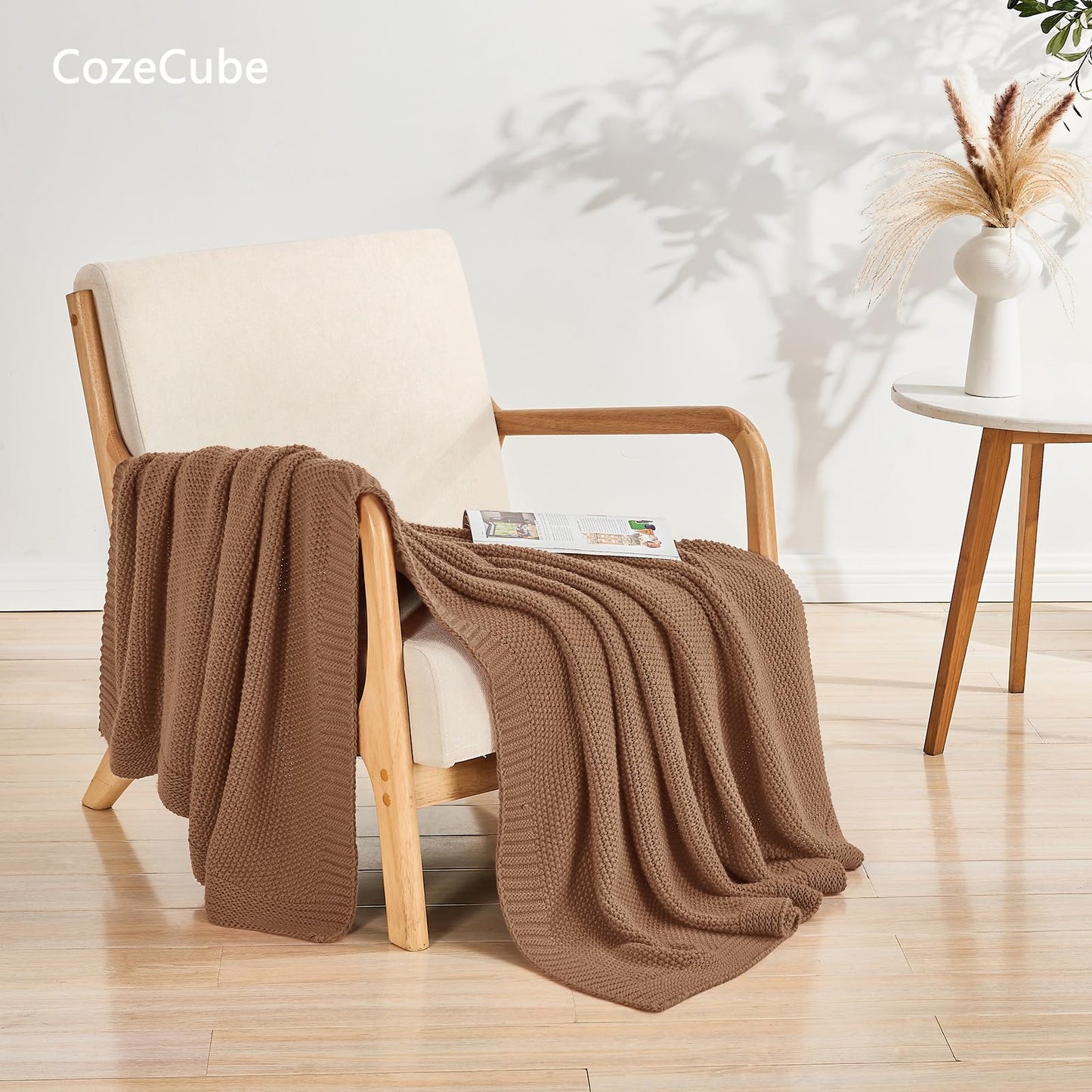 CozeCube Caramel Brown Throw Blanket for Couch, Soft Cozy Cable Knit Throw Blanket for Bed Sofa Living Room, Lightweight Warm Farmhouse Christmas Knitted Throw Blanket, 50"x60", Light Brown