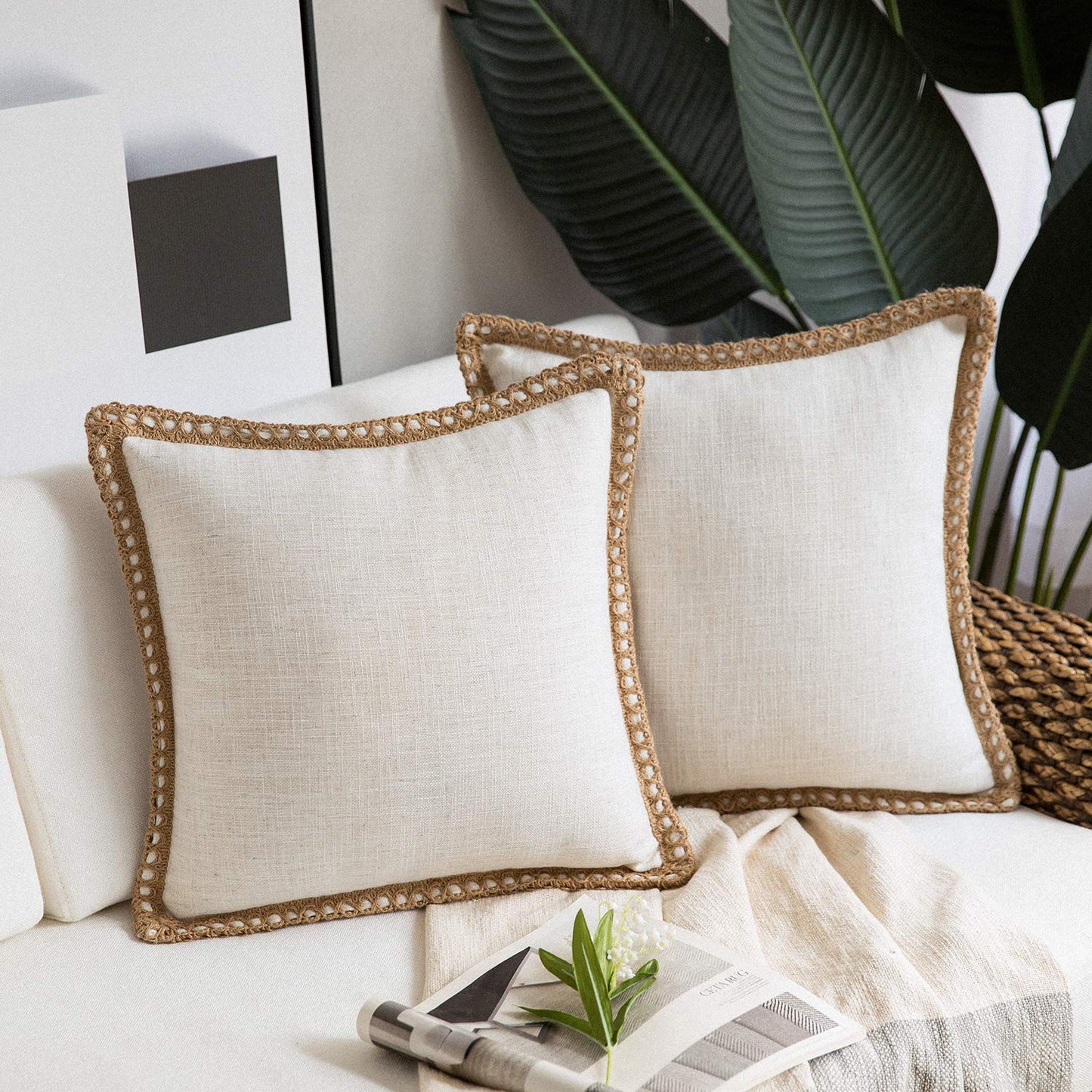 Phantoscope Pack of 2 Farmhouse Modern Fall Decorative Throw Pillow Covers Burlap Linen Trimmed Outdoor Pillows Tailored Edges Off White 18 x 18 inches, 45 x 45 cm