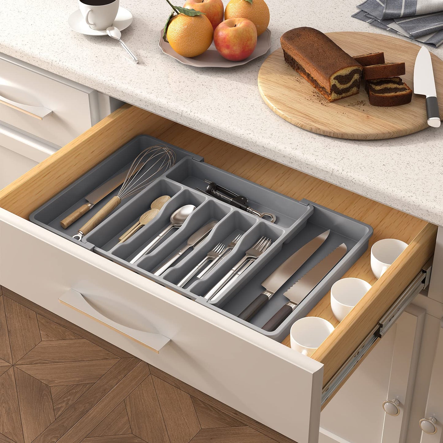 Lifewit Silverware Drawer Organizer, Expandable Utensil Tray for Kitchen, BPA Free Flatware and Cutlery Holder, Adjustable Plastic Storage for Spoons Forks Knives, Large, Grey