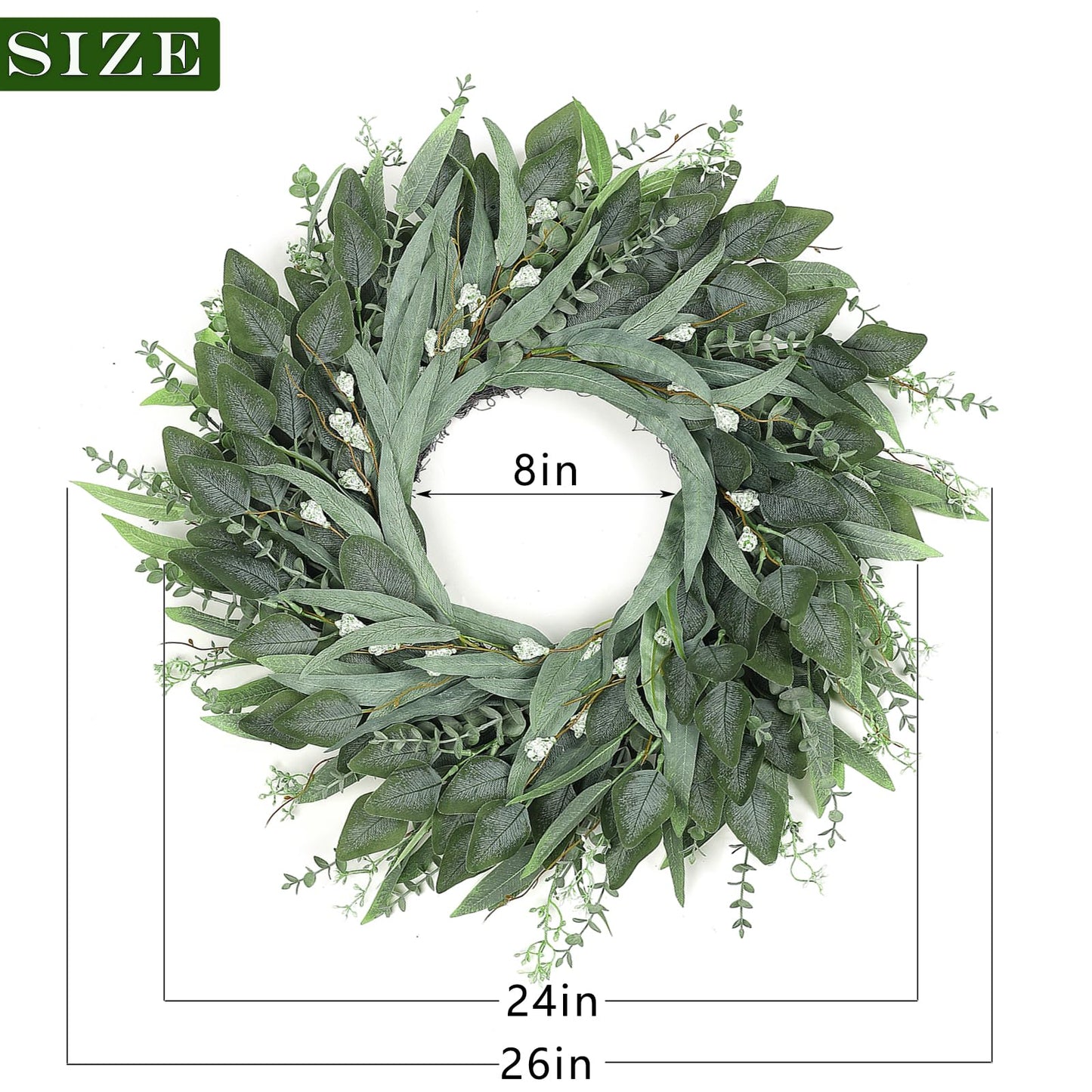 26" Eucalyptus Wreath for Front Door - Large Artificial Greenery Outdoor Wreath for Porch, Window,Farmhouse,Home,Holiday,Hanging Decor- Spring, Summer, Fall, All Seasons (Green)