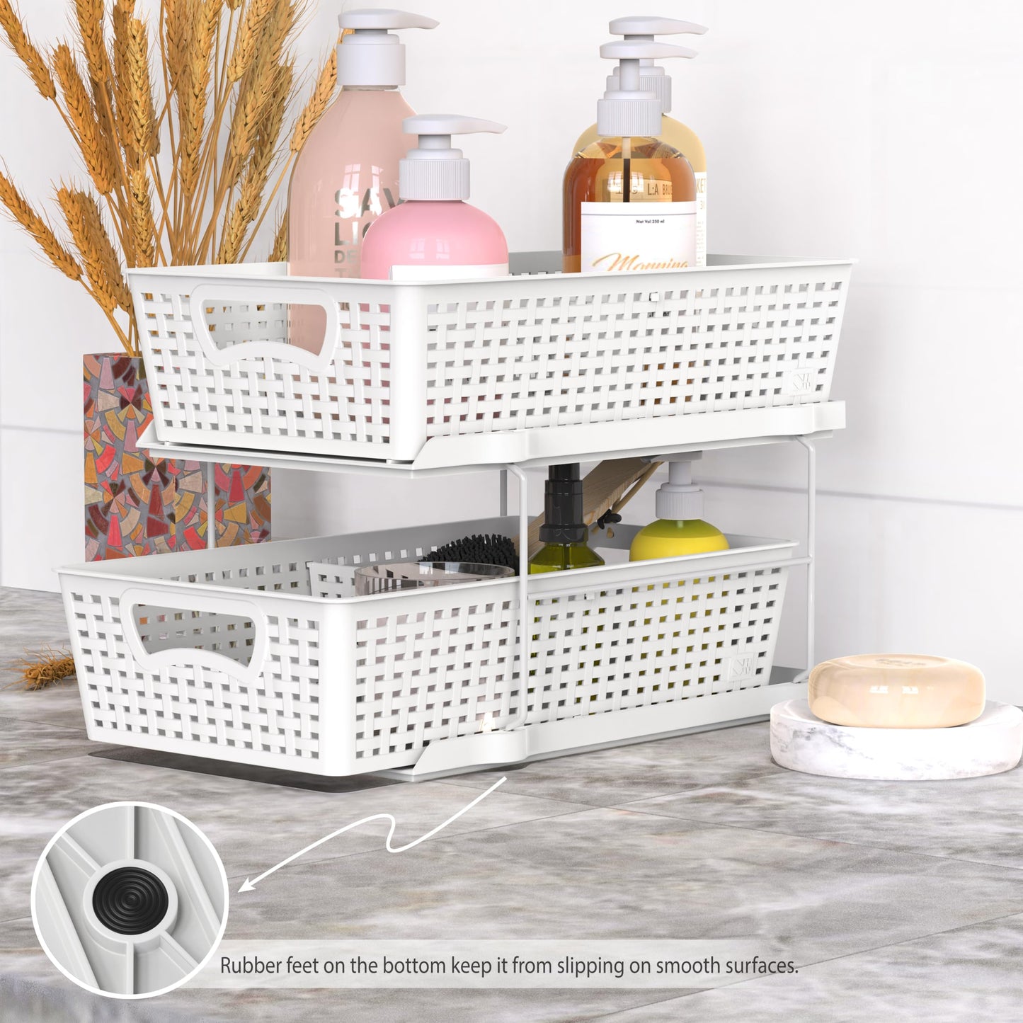 Simple Houseware 2 Tier Bathroom Organizer Tray Pull-Out Sliding Drawer/Under-Sink Storage, White