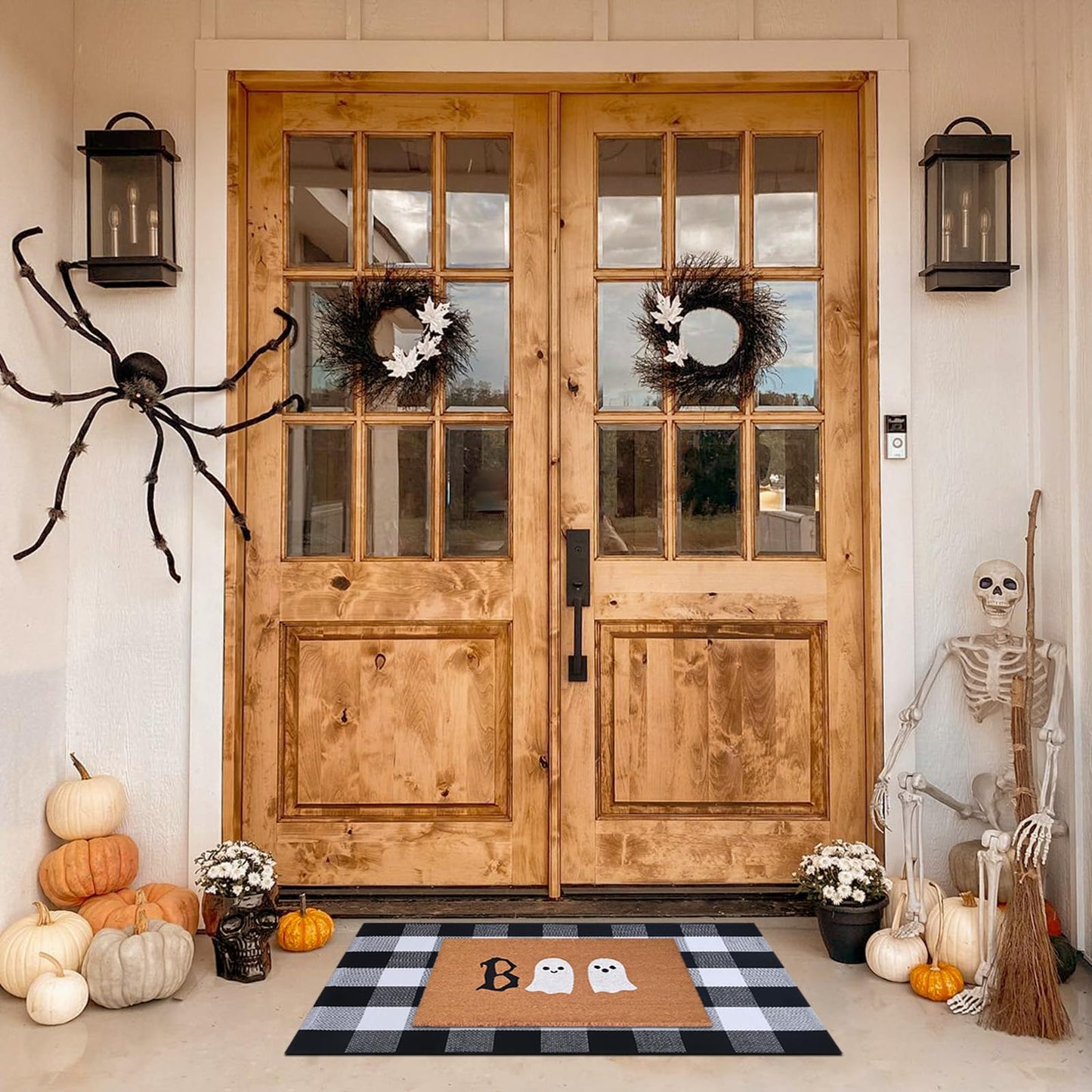 Halloween Door Mat Combo Set, Boo Ghost Coco Coir Welcome Doormat + 28" x 43" Black and White Plaid Rug, Autumn Halloween Front Porch Entryway Decor Floor Mat