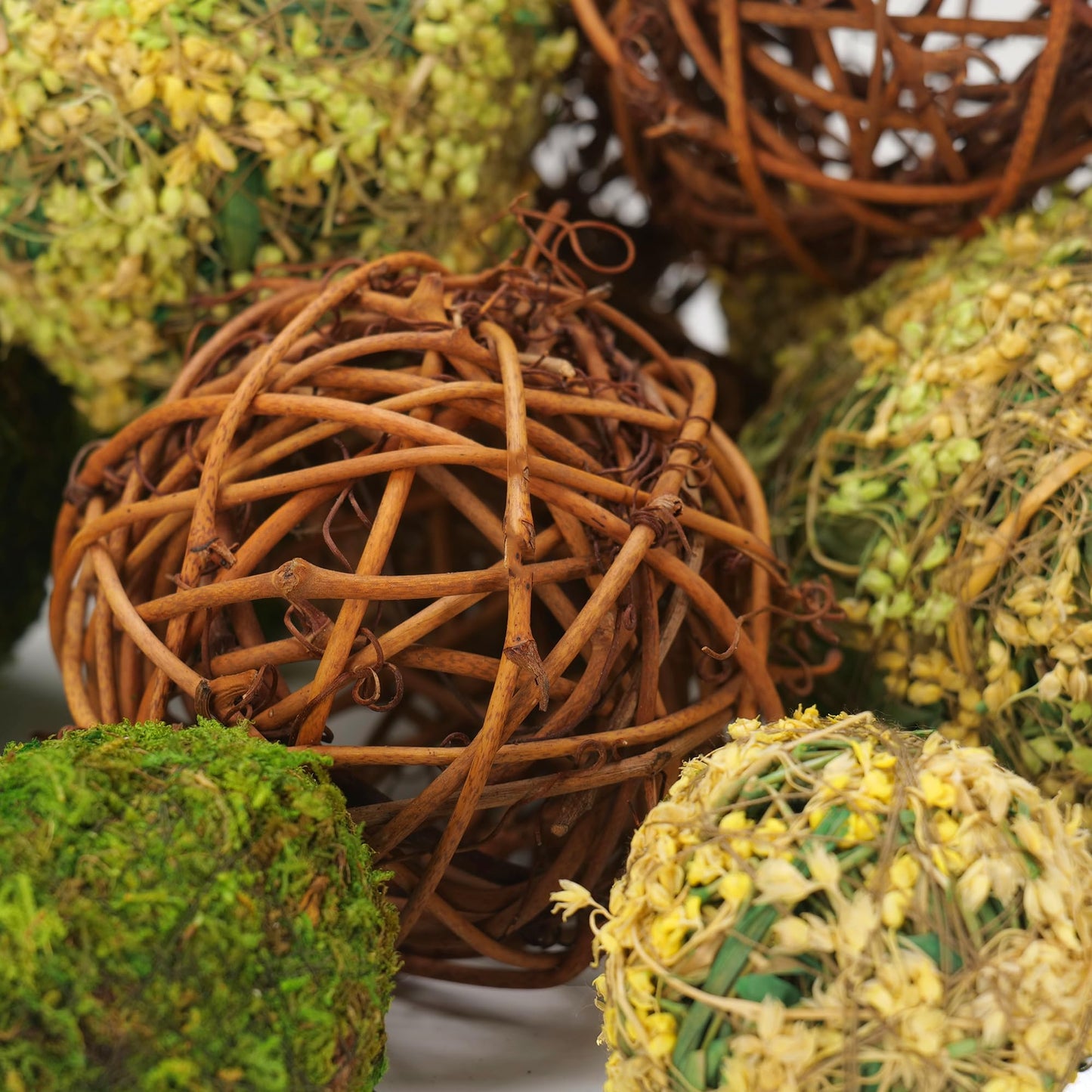 BYHER Decorative Balls for Centerpiece Bowls, 18pcs Fake Moss Balls + Wicker Rattan Balls Set Vase Bowl Filler for Home Garden Wedding Party Decor (Fresh Green + Rustic Brown)