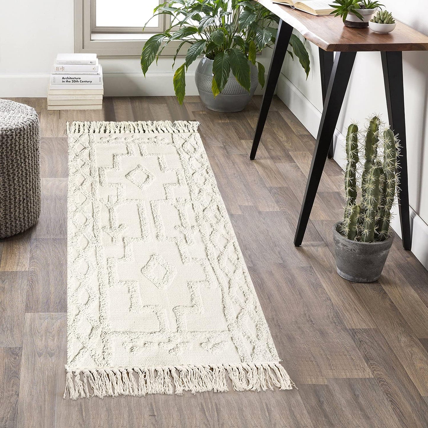 Uphome Boho Bathroom Runner Rug 2' x 4.3', Washable Woven Cotton Bedroom Rug Runner, Beige Aesthetic Tufted Entryway Runner Rugs, Bohemian Tribal Throw Rug for Bedside Living Room Laundry Kitchen