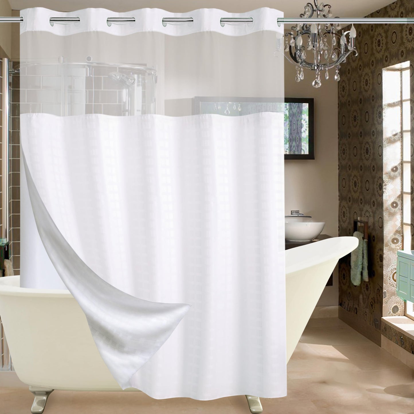 Conbo Mio Hotel Grade Fabric Shower Curtain with Snap in Liner for Bathroom with See Through Top Window, Spa, Machine Washable, Shower Curtain (Check-White,71Wx74H)