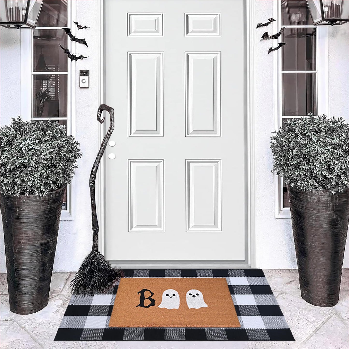 Halloween Door Mat Combo Set, Boo Ghost Coco Coir Welcome Doormat + 28" x 43" Black and White Plaid Rug, Autumn Halloween Front Porch Entryway Decor Floor Mat