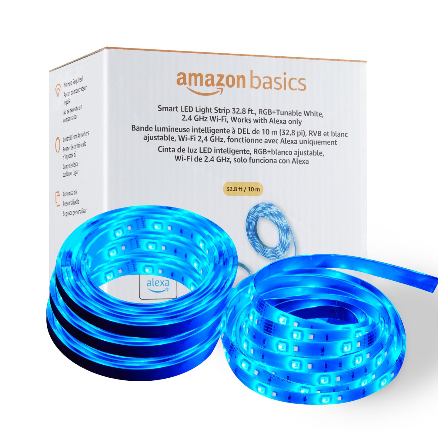 Amazon Basics Smart LED Light Strip, 32.8 Feet (2 Rolls of 16.4 Feet), RGB + Tunable White, Works with Alexa Only, 2.4 GHz Wi-Fi, No Hub Required