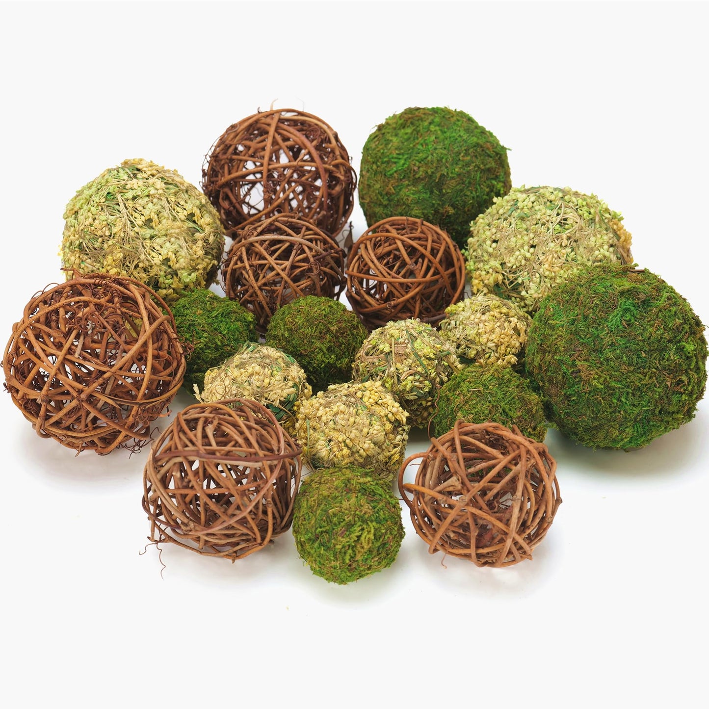 BYHER Decorative Balls for Centerpiece Bowls, 18pcs Fake Moss Balls + Wicker Rattan Balls Set Vase Bowl Filler for Home Garden Wedding Party Decor (Fresh Green + Rustic Brown)