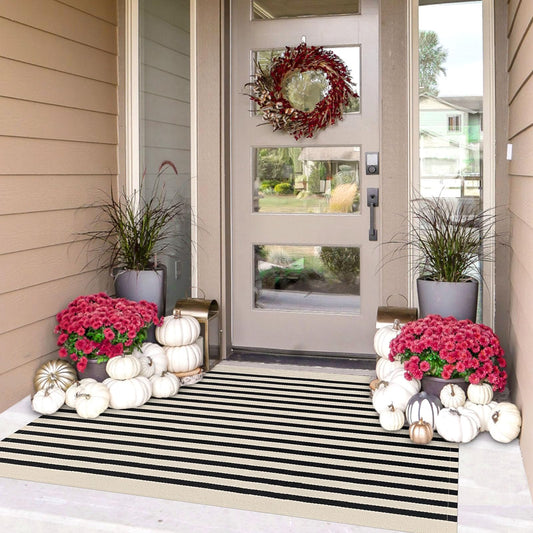 IOHOUZE Black Beige Striped Rug -3'x5' Front Door Rugs Outdoor, Washable Area Rug for Front Porch, Spring Summer Welcome Mats Outdoor Indoor, Doormat for Entryway Porch Entrance