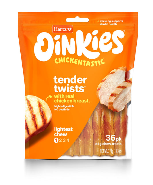 Hartz Oinkies Tender Twists with Real Chicken Breast Rawhide-Free Dog Treats, Highly Digestible Dog Chews, 36 Count