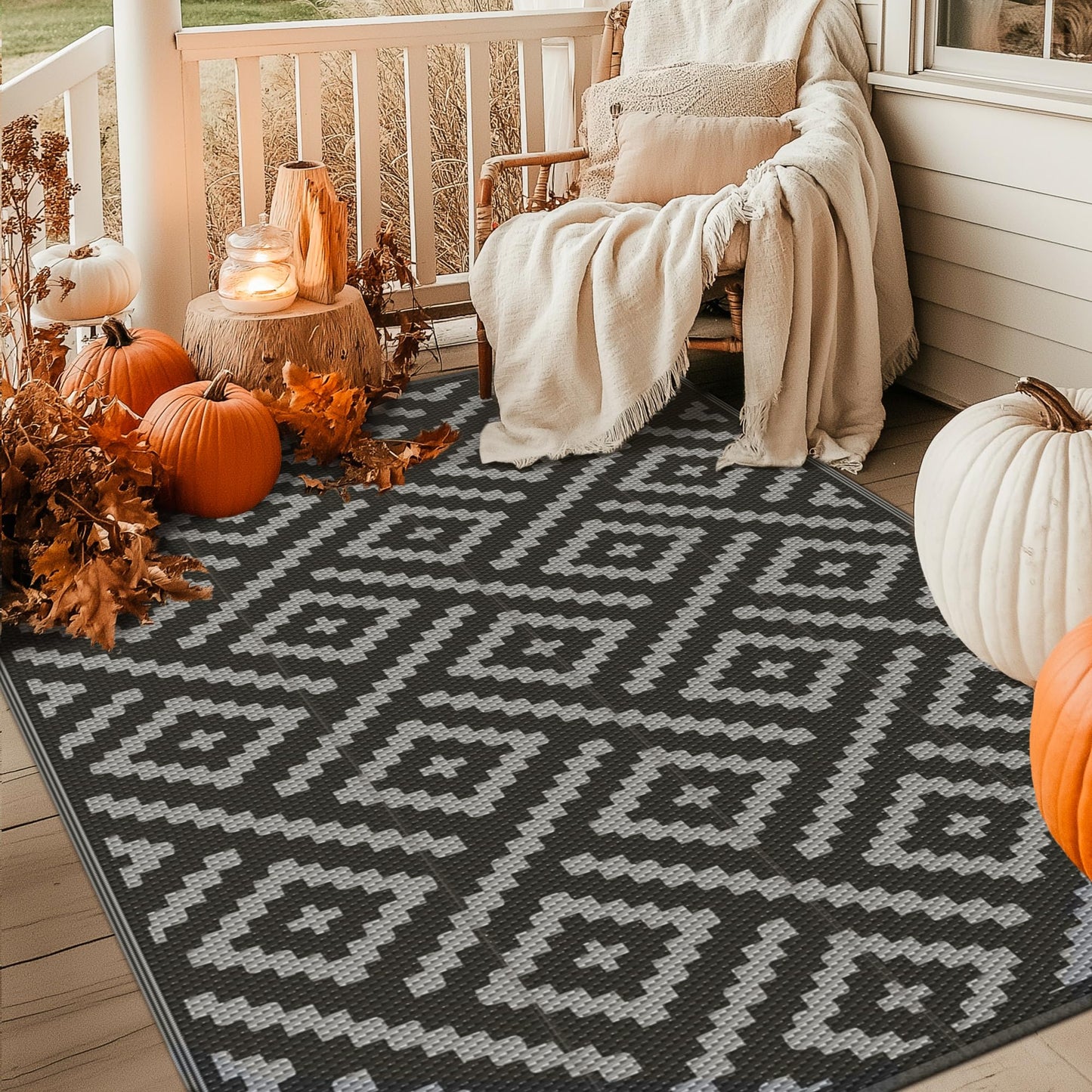 GENIMO Outdoor Rug for Patio Clearance,5'x8' Waterproof Mat,Reversible Plastic Camping Rugs,Rv,Porch,Deck,Camper,Balcony,Backyard,Black & Gray