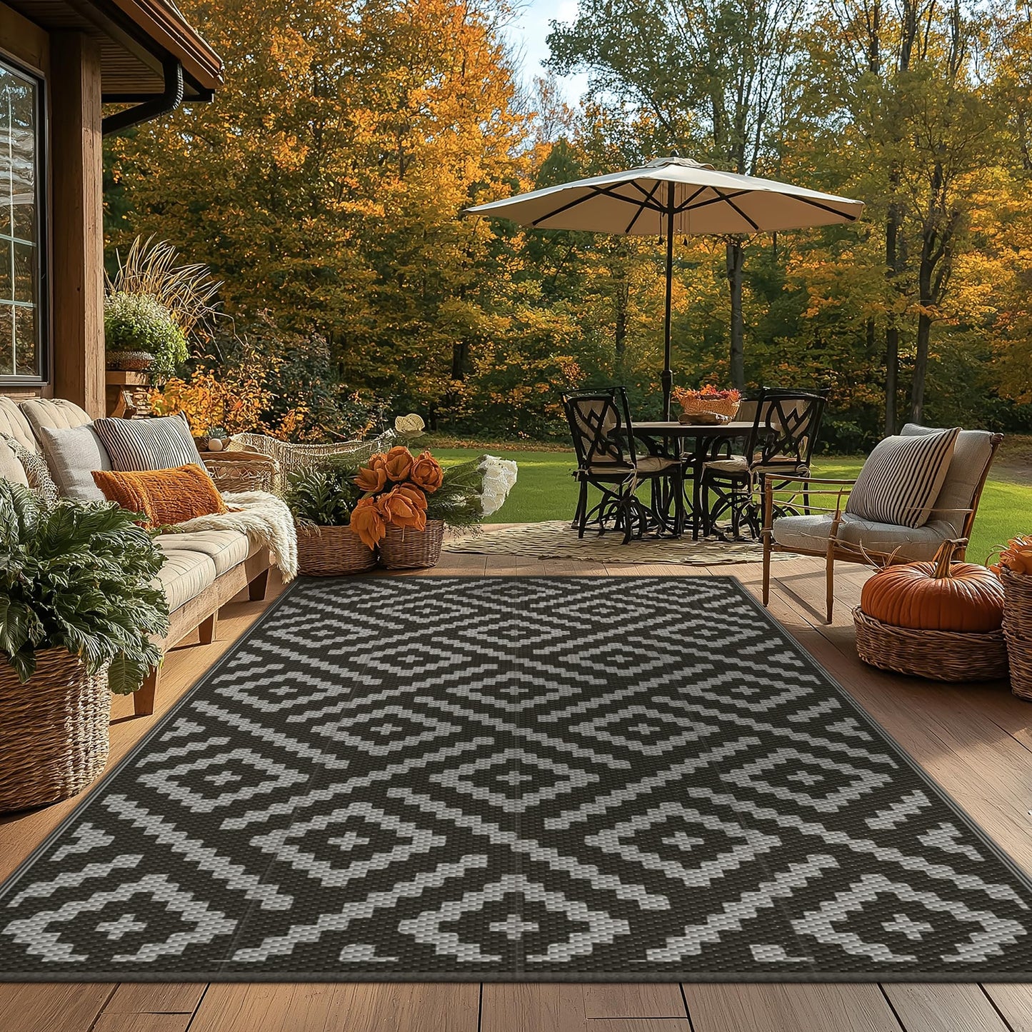 GENIMO Outdoor Rug for Patio Clearance,5'x8' Waterproof Mat,Reversible Plastic Camping Rugs,Rv,Porch,Deck,Camper,Balcony,Backyard,Black & Gray