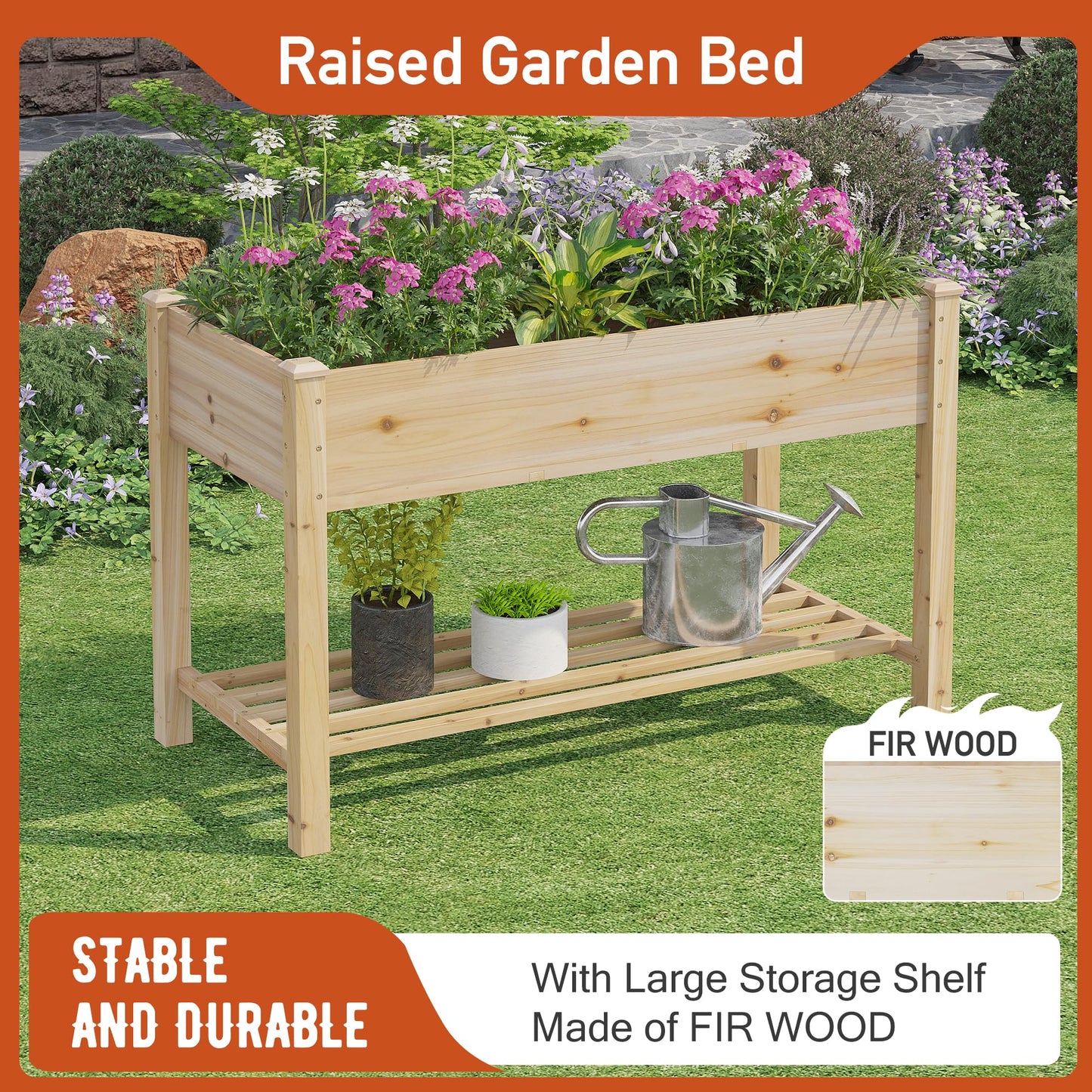 GHWIE Raised Garden Bed with Shelf,Elevated Wooden Planter Box with Legs,Garden Planter for Backyard, Patio, Balcony,200lb Capacity - Natural