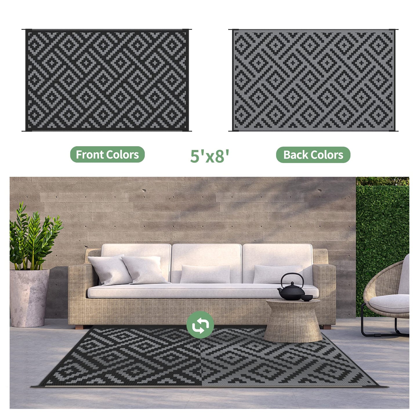 GENIMO Outdoor Rug for Patio Clearance,5'x8' Waterproof Mat,Reversible Plastic Camping Rugs,Rv,Porch,Deck,Camper,Balcony,Backyard,Black & Gray