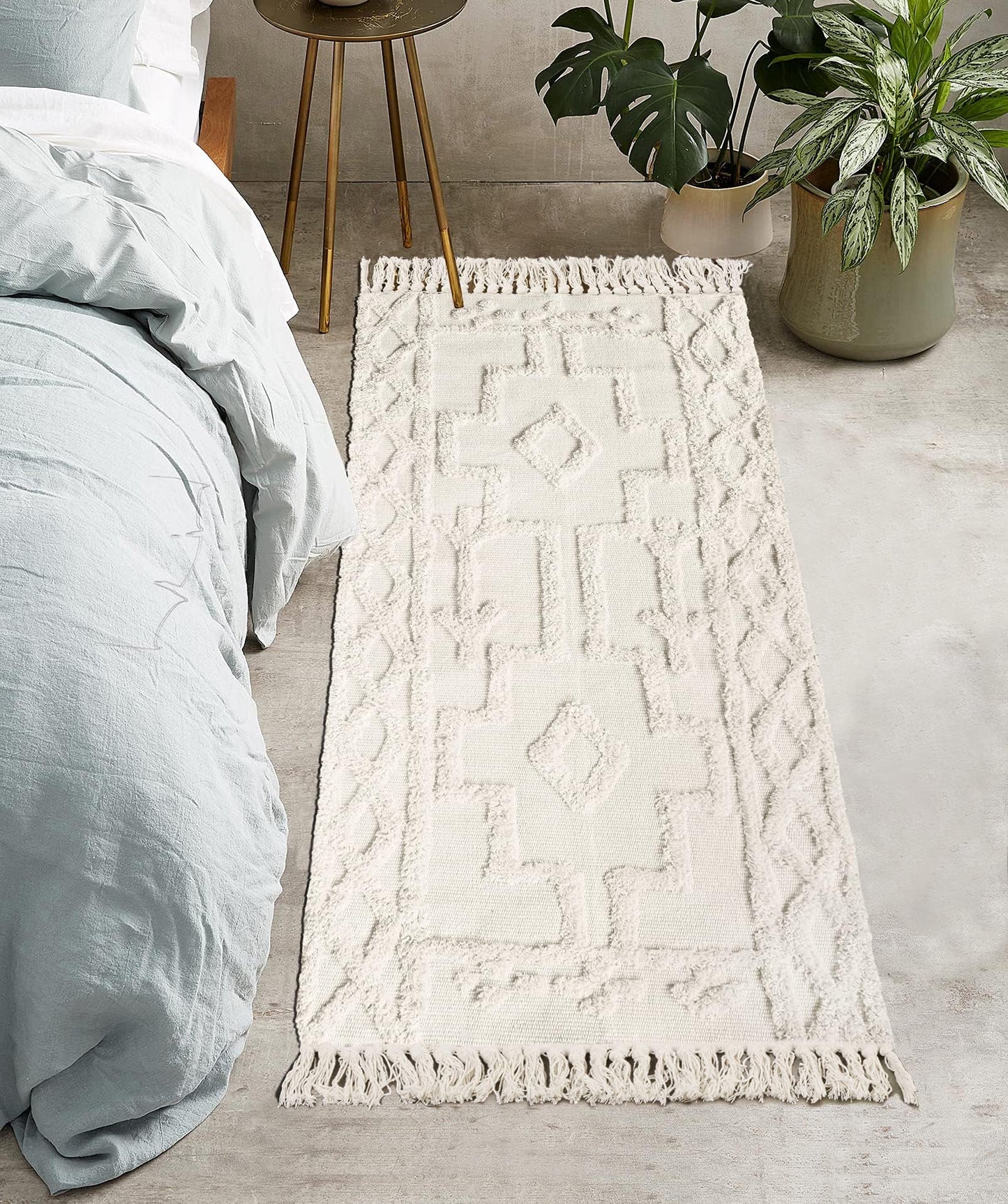 Uphome Boho Bathroom Runner Rug 2' x 4.3', Washable Woven Cotton Bedroom Rug Runner, Beige Aesthetic Tufted Entryway Runner Rugs, Bohemian Tribal Throw Rug for Bedside Living Room Laundry Kitchen